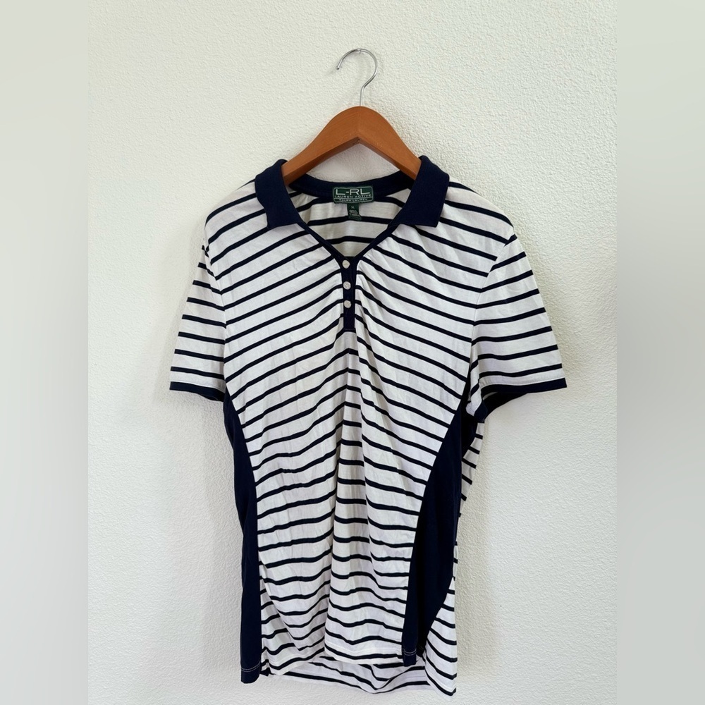 Ralph Lauren Navy Blue & White Striped Short Sleeve Polo Shirt Women’s Size XL